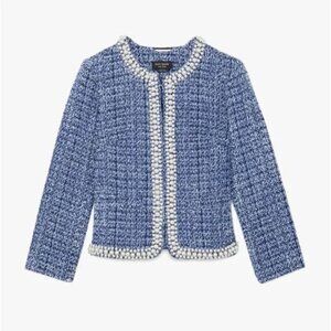 ♠️ Kate Spade Gabrielle Pearl Jewel Collar Tweed Blazer Jacket, French Navy Blue